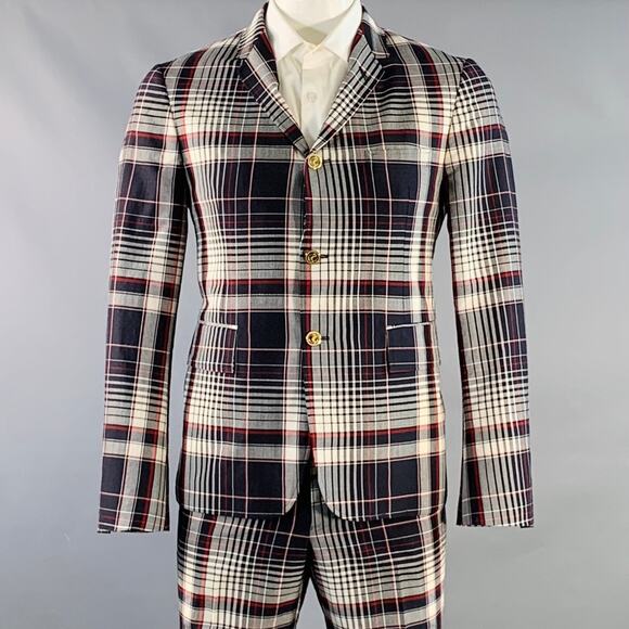 THOM BROWNE Size 42 Navy White Red Plaid Wool Mohair Silk Suit